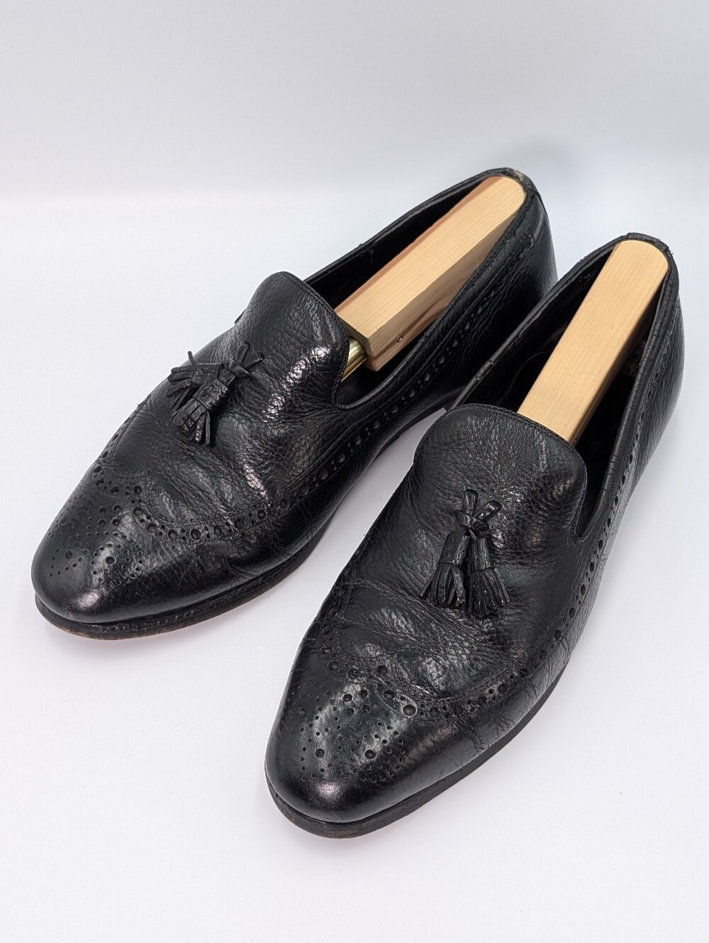 Vintage Wingtip Black Pebbled Tassel Leather Loafers 11US